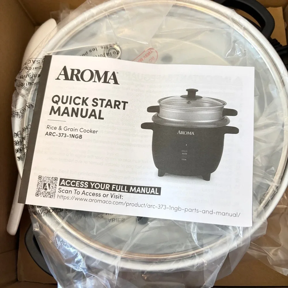 Aroma Rice Grain Cooker 6 Cup Black One-Touch Ceramic Pot 1.5 Quart NEW Open Box